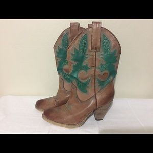 (Vegan) Brown & Teal Cowboy Boots, 7.5